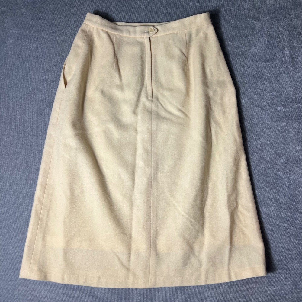 Lady Halrin Vintage 100% Pure Wool Midi Skirt Cream Ivory A-Line Pockets Sz 12